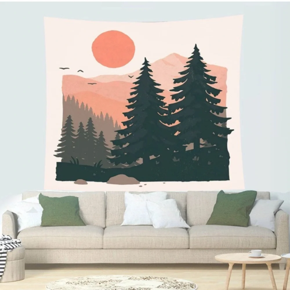 California Mountain Range Pink/Green Forest Retro Pop Art Home Decor Tapestry